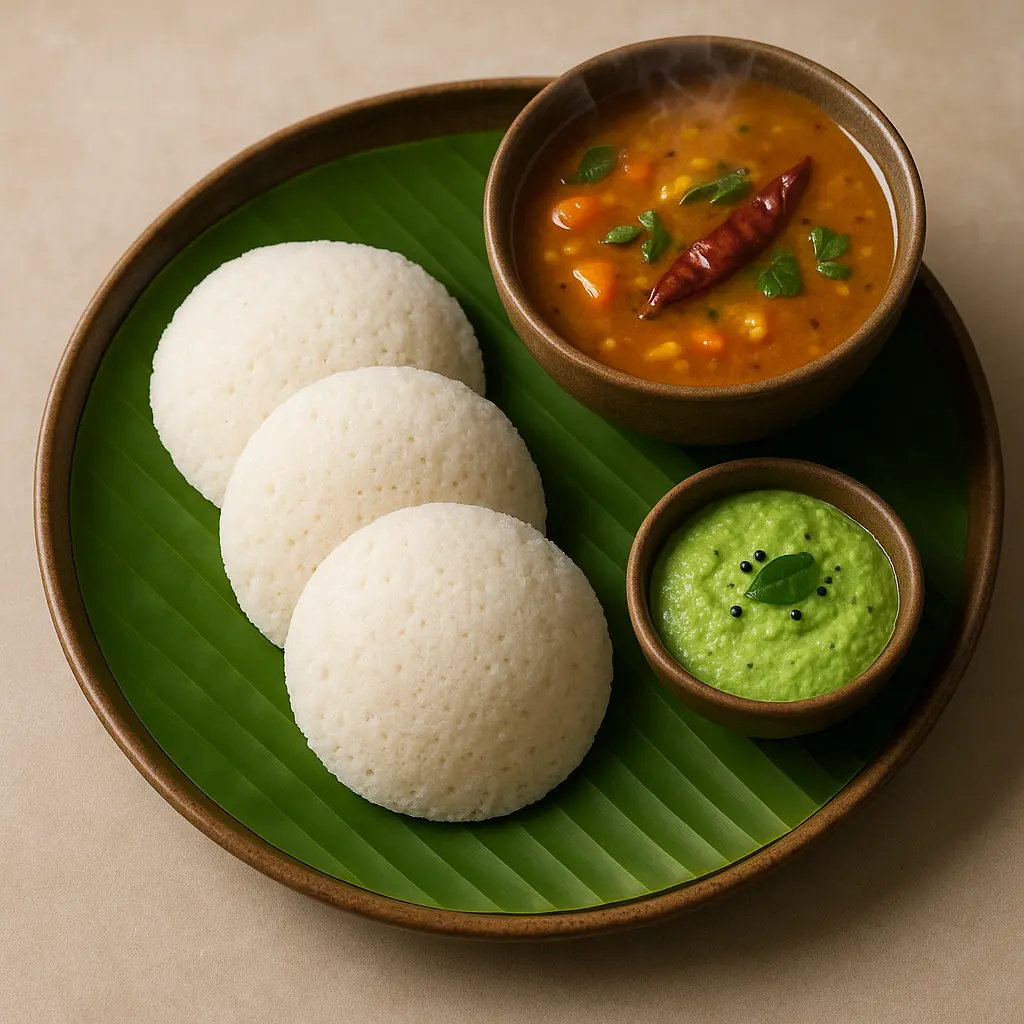 Idli + sambar + coconut chutney